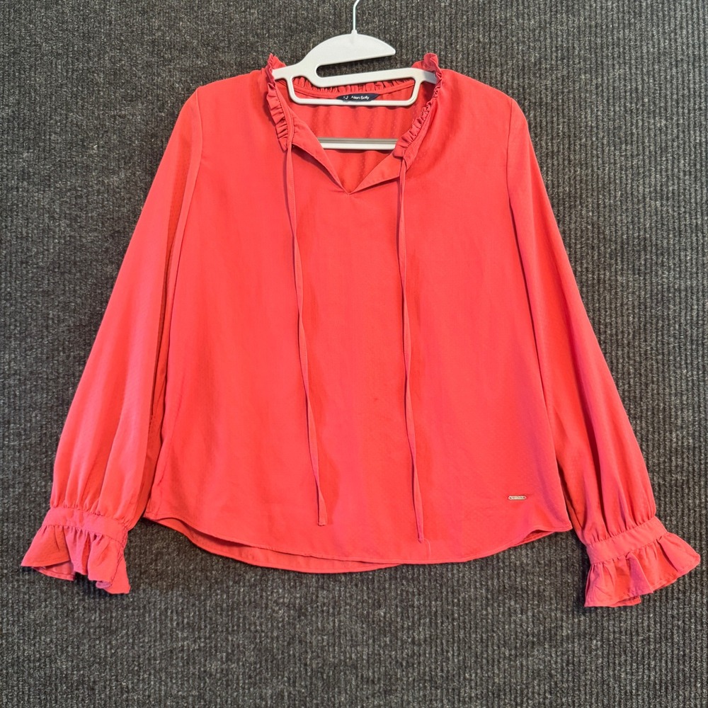 Allen Solly Blouse Women M Coral Pink Ruffle Tie Neck Jacquard Dot Long Sleeve